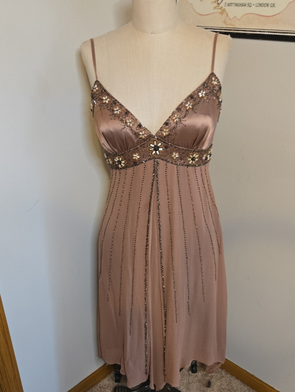 Sue Wong Mauve Beaded Empire-Waist Satin Midi Dress